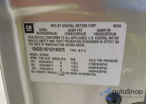 2005 GMC Envoy Sle from USA, damaged, VIN 1GKDS13S152140976